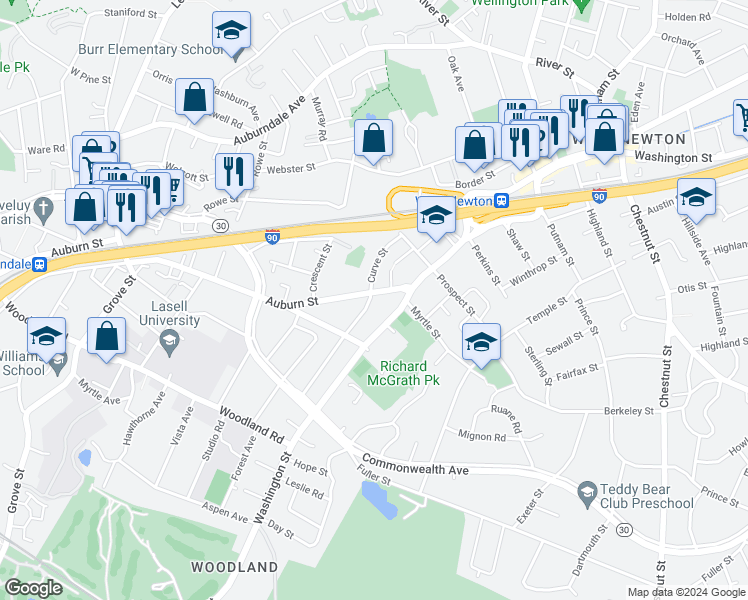 map of restaurants, bars, coffee shops, grocery stores, and more near 45 Auburn Street in Newton