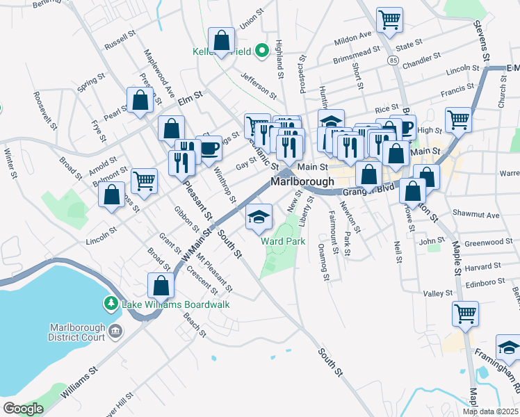 map of restaurants, bars, coffee shops, grocery stores, and more near 14 Hayden Street in Marlborough