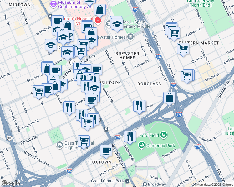 map of restaurants, bars, coffee shops, grocery stores, and more near 266 Edmund Place in Detroit