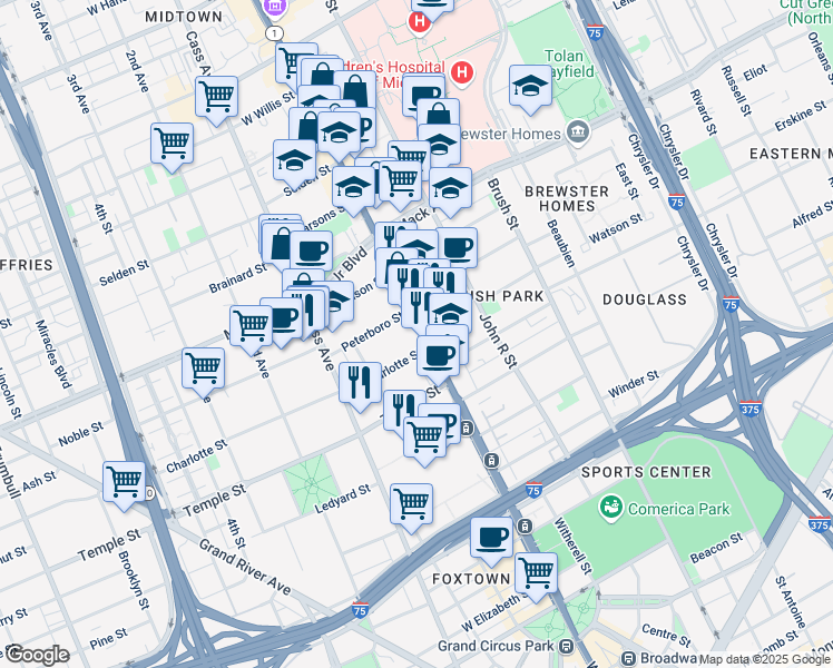 map of restaurants, bars, coffee shops, grocery stores, and more near in Detroit