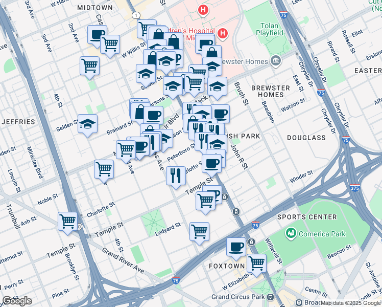 map of restaurants, bars, coffee shops, grocery stores, and more near 58 Peterboro Street in Detroit