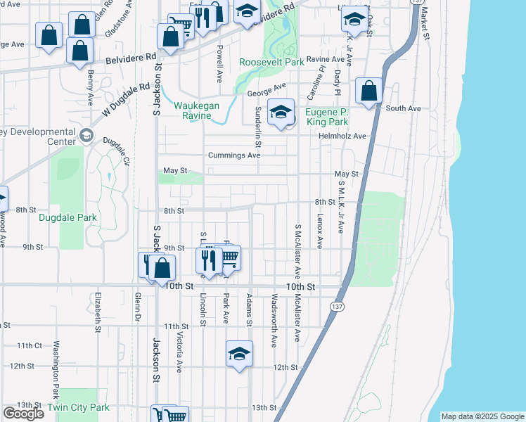 map of restaurants, bars, coffee shops, grocery stores, and more near 628 8th Street in Waukegan