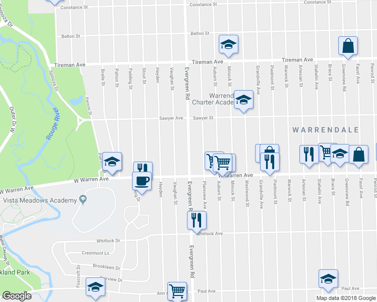 map of restaurants, bars, coffee shops, grocery stores, and more near 7305 Evergreen Avenue in Detroit
