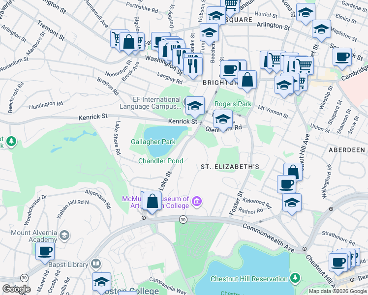 map of restaurants, bars, coffee shops, grocery stores, and more near Lake Street in Boston