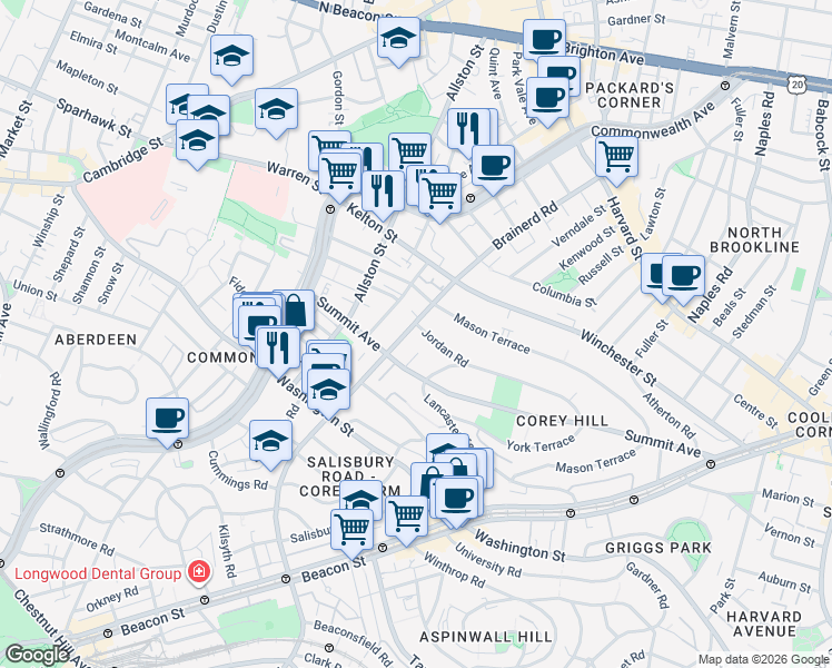 map of restaurants, bars, coffee shops, grocery stores, and more near 246 Corey Road in Boston