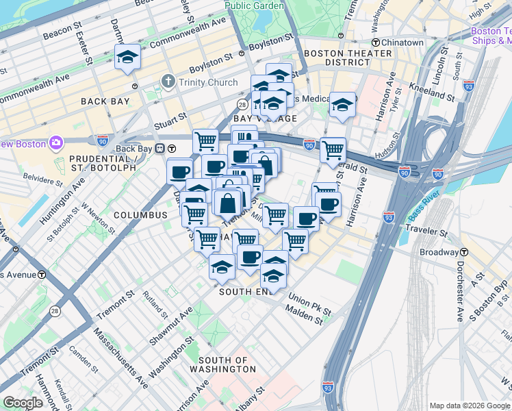 map of restaurants, bars, coffee shops, grocery stores, and more near 518 Tremont Street in Boston
