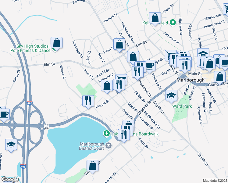 map of restaurants, bars, coffee shops, grocery stores, and more near 24 Cross Street in Marlborough