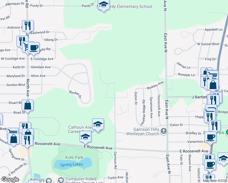 map of restaurants, bars, coffee shops, grocery stores, and more near 647 Eiffel Drive in Battle Creek