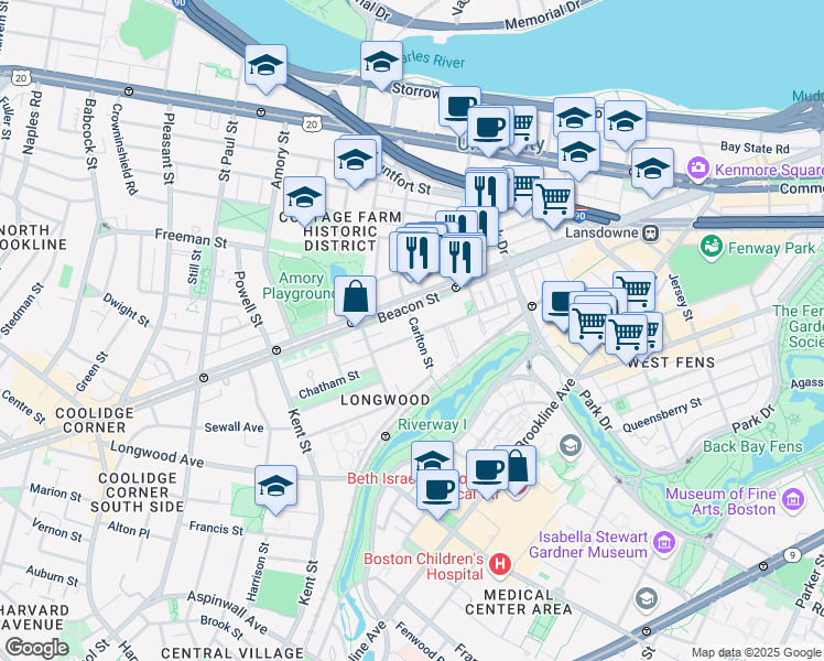 map of restaurants, bars, coffee shops, grocery stores, and more near 46 Carlton Street in Brookline