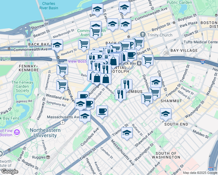 map of restaurants, bars, coffee shops, grocery stores, and more near 247 West Newton Street in Boston