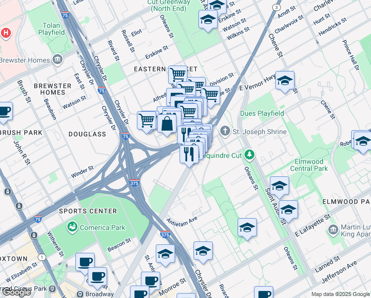 map of restaurants, bars, coffee shops, grocery stores, and more near 1420 East Fisher Freeway in Detroit