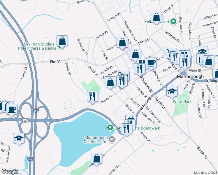map of restaurants, bars, coffee shops, grocery stores, and more near 118 Broad Street in Marlborough