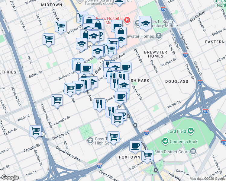 map of restaurants, bars, coffee shops, grocery stores, and more near 3100 Woodward Avenue in Detroit