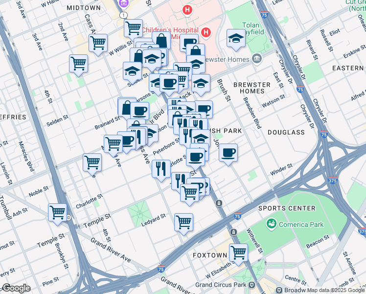 map of restaurants, bars, coffee shops, grocery stores, and more near 3100 Woodward Avenue in Detroit