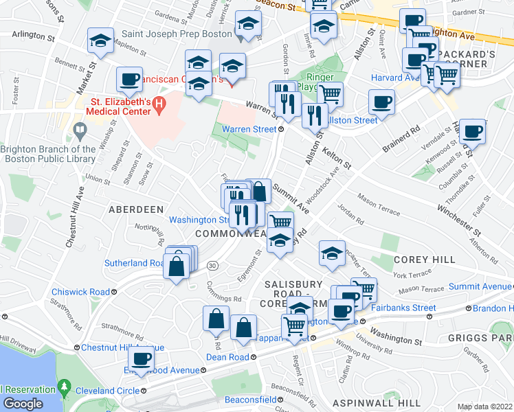map of restaurants, bars, coffee shops, grocery stores, and more near Commonwealth Avenue & Melvin Ave in Boston
