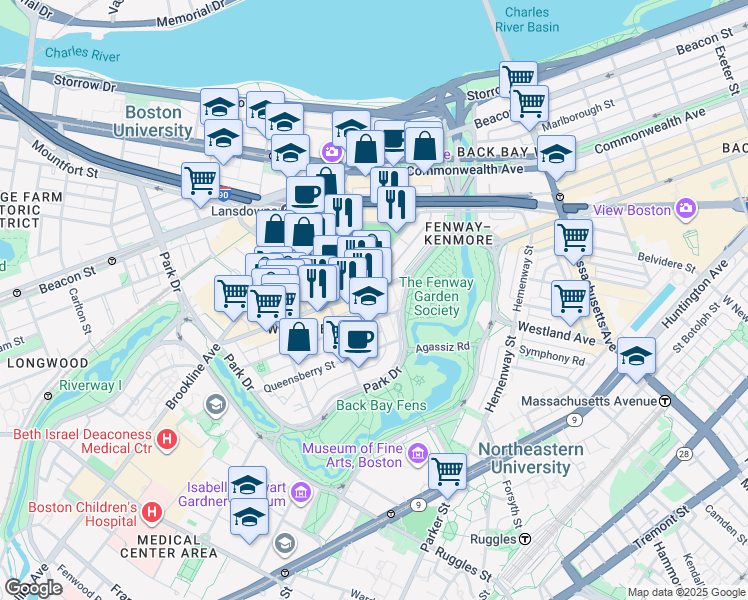 map of restaurants, bars, coffee shops, grocery stores, and more near 1260 Boylston Street in Boston