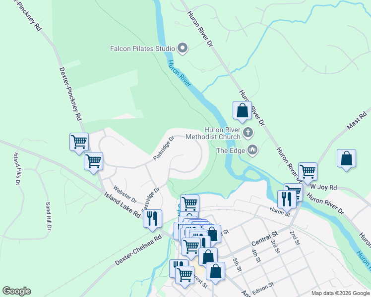 map of restaurants, bars, coffee shops, grocery stores, and more near 3277 Eastridge Drive in Dexter