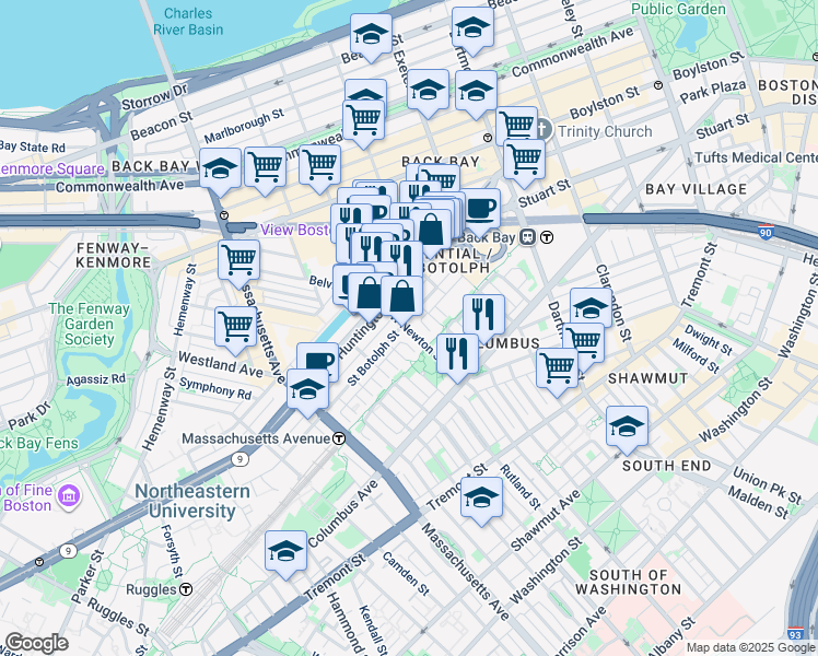 map of restaurants, bars, coffee shops, grocery stores, and more near 94 Saint Botolph Street in Boston