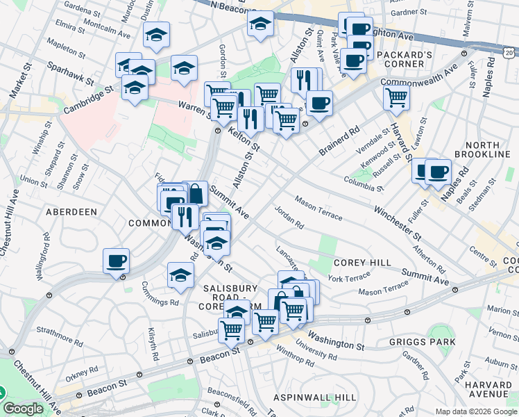 map of restaurants, bars, coffee shops, grocery stores, and more near 246 Corey Road in Boston