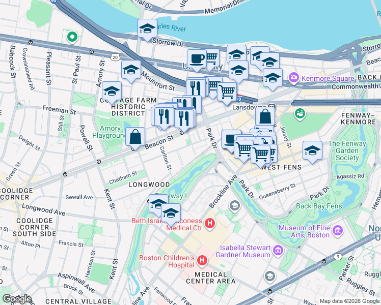 map of restaurants, bars, coffee shops, grocery stores, and more near 101 Monmouth Street in Brookline