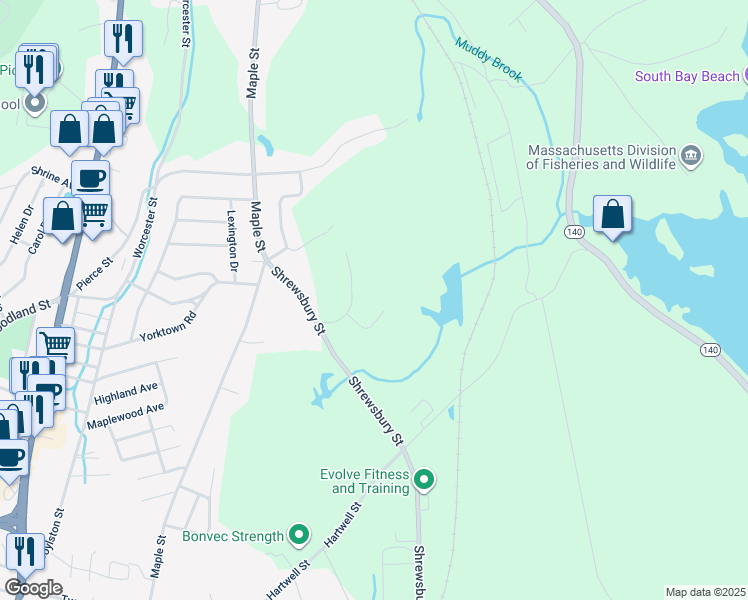 map of restaurants, bars, coffee shops, grocery stores, and more near 10 Jasmine Drive in West Boylston