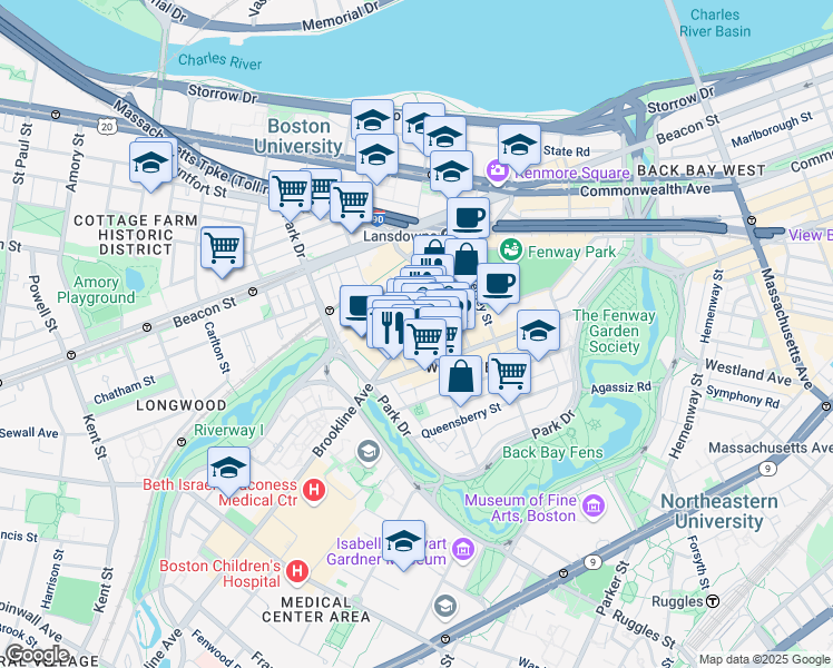map of restaurants, bars, coffee shops, grocery stores, and more near 132 Fullerton Street in Boston