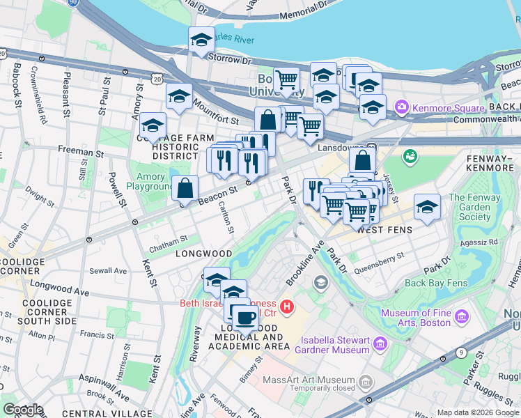 map of restaurants, bars, coffee shops, grocery stores, and more near 34 Medfield Street in Boston