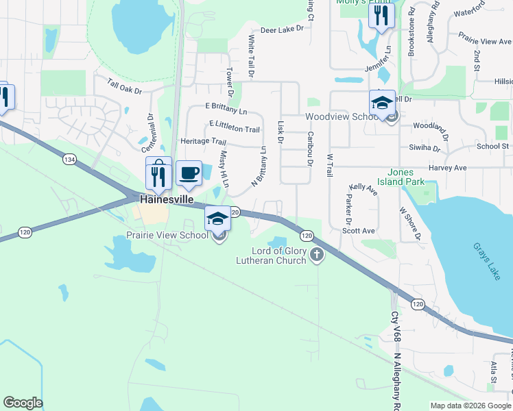 map of restaurants, bars, coffee shops, grocery stores, and more near 238 East Belvidere Road in Hainesville