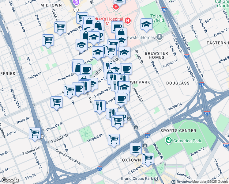 map of restaurants, bars, coffee shops, grocery stores, and more near 3153 Michigan 1 in Detroit