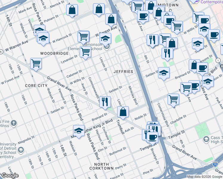 map of restaurants, bars, coffee shops, grocery stores, and more near 3916 Lincoln Street in Detroit