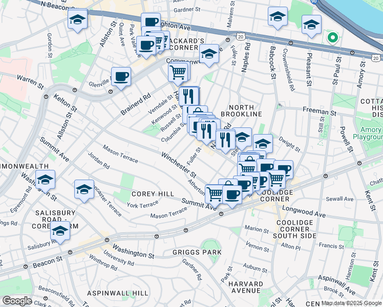 map of restaurants, bars, coffee shops, grocery stores, and more near 31 Coolidge Street in Brookline