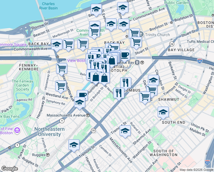 map of restaurants, bars, coffee shops, grocery stores, and more near 94 Saint Botolph Street in Boston