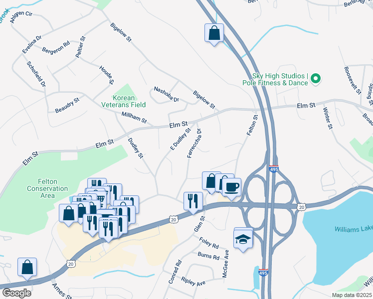 map of restaurants, bars, coffee shops, grocery stores, and more near 58 East Dudley Street in Marlborough