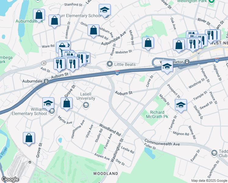 map of restaurants, bars, coffee shops, grocery stores, and more near 1889 Commonwealth Avenue in Newton