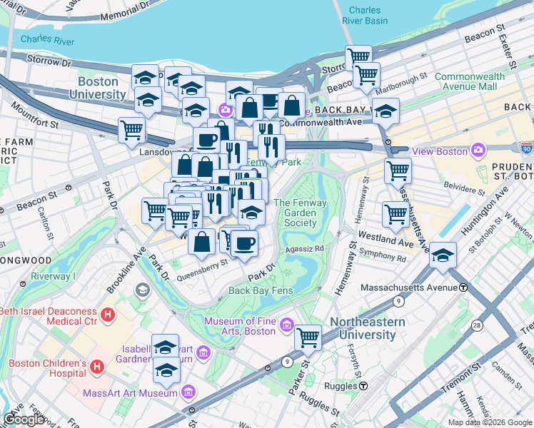 map of restaurants, bars, coffee shops, grocery stores, and more near in Boston