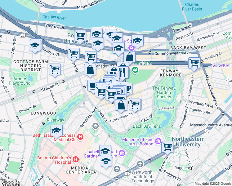 map of restaurants, bars, coffee shops, grocery stores, and more near 98 Van Ness Street in Boston