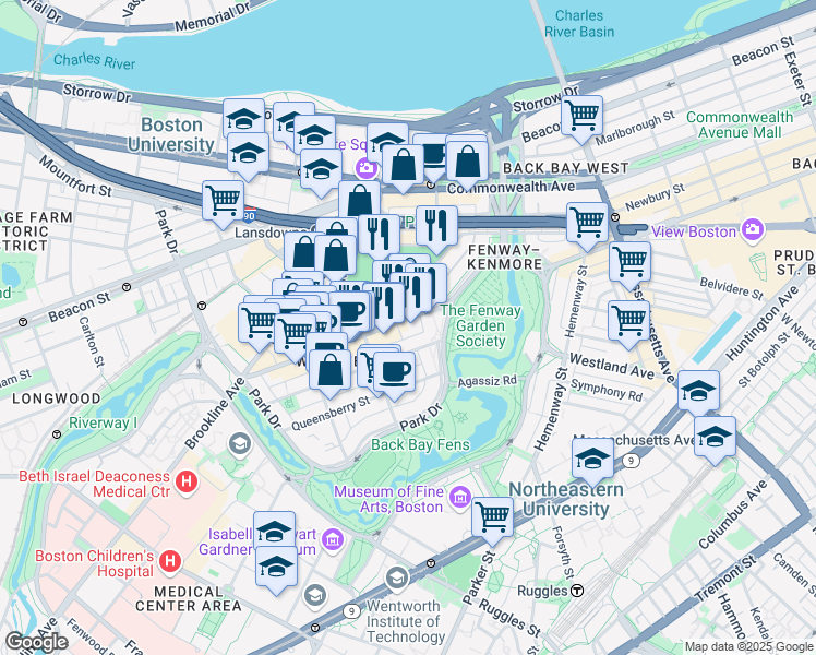 map of restaurants, bars, coffee shops, grocery stores, and more near in Boston