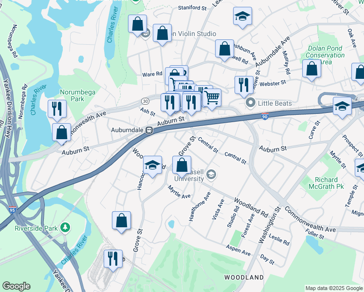 map of restaurants, bars, coffee shops, grocery stores, and more near 40 Central Terrace in Newton