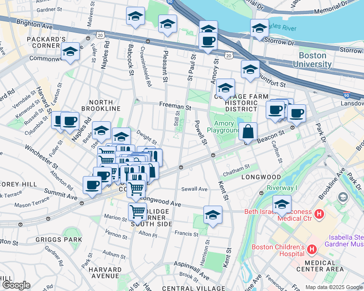 map of restaurants, bars, coffee shops, grocery stores, and more near 217 Saint Paul Street in Brookline