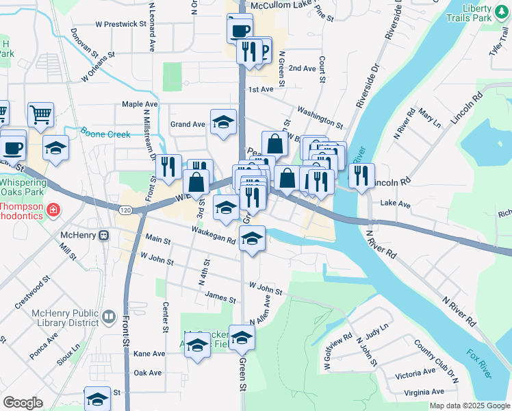 map of restaurants, bars, coffee shops, grocery stores, and more near 1246 North Green Street in McHenry