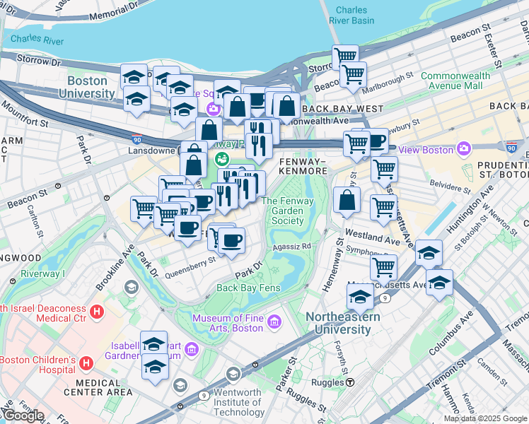 map of restaurants, bars, coffee shops, grocery stores, and more near 9 Park Drive in Boston