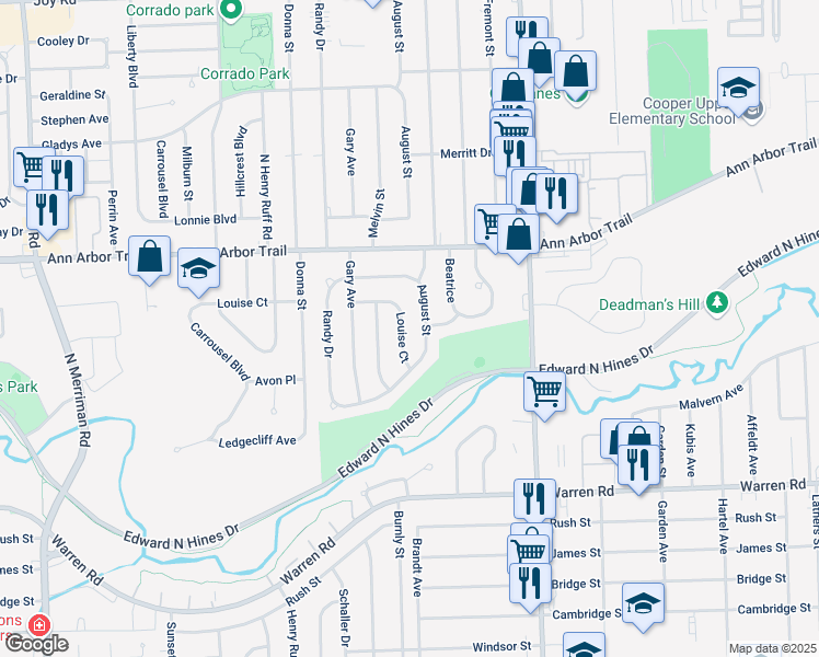 map of restaurants, bars, coffee shops, grocery stores, and more near 7685 Louise Court in Westland