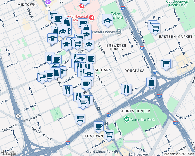 map of restaurants, bars, coffee shops, grocery stores, and more near in Detroit