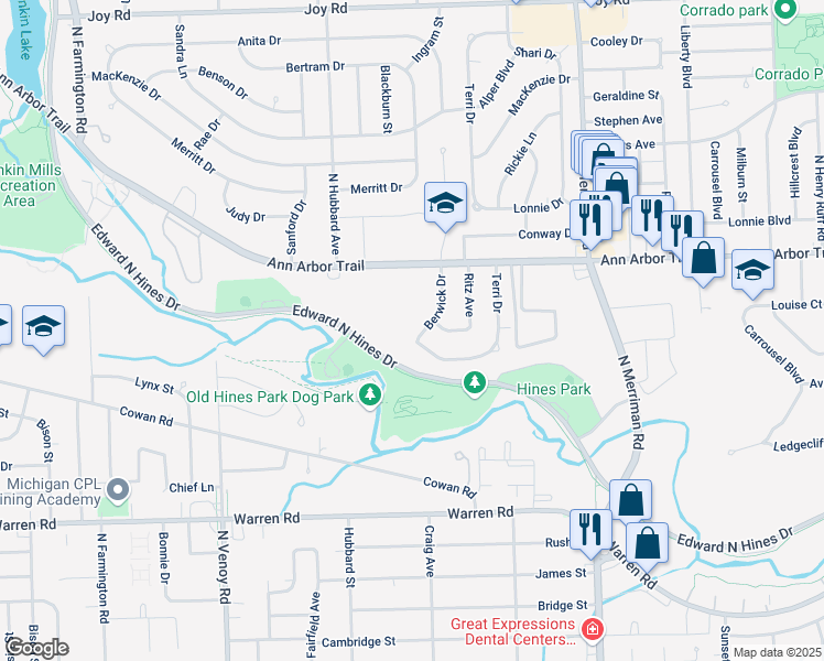 map of restaurants, bars, coffee shops, grocery stores, and more near 7551 Berwick Drive in Westland
