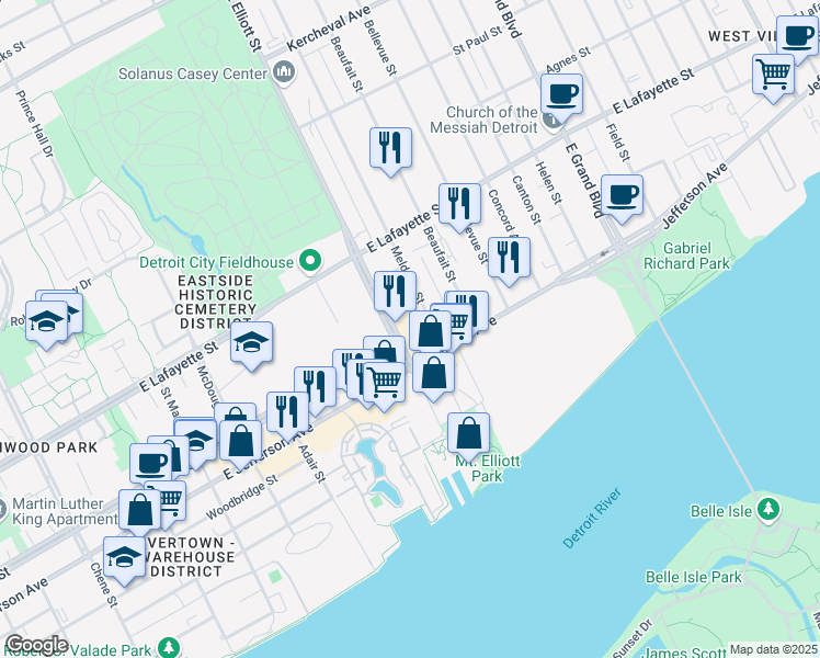map of restaurants, bars, coffee shops, grocery stores, and more near 500 Mount Elliott Street in Detroit