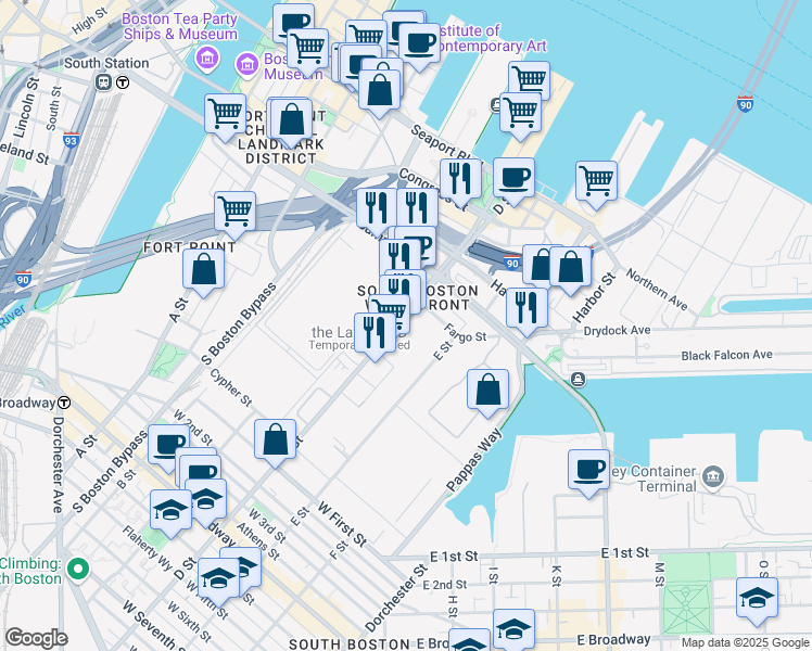 map of restaurants, bars, coffee shops, grocery stores, and more near 413 D Street in Boston