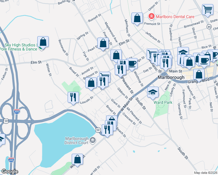 map of restaurants, bars, coffee shops, grocery stores, and more near 494 Lincoln Street in Marlborough