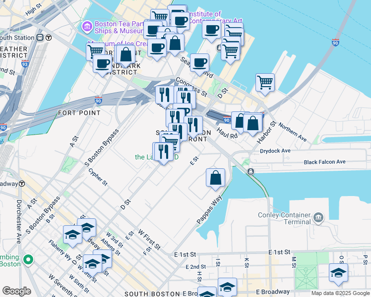 map of restaurants, bars, coffee shops, grocery stores, and more near 451 D Street in Boston