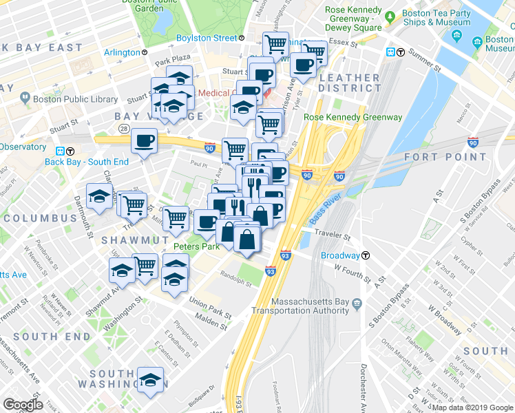 map of restaurants, bars, coffee shops, grocery stores, and more near 341 Harrison Avenue in Boston