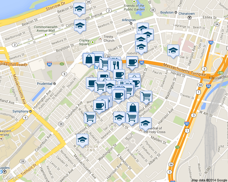 map of restaurants, bars, coffee shops, grocery stores, and more near 77 Warren Avenue in Boston